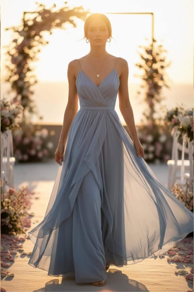 Flowy chiffon maxi dress styled for a formal summer wedding.
