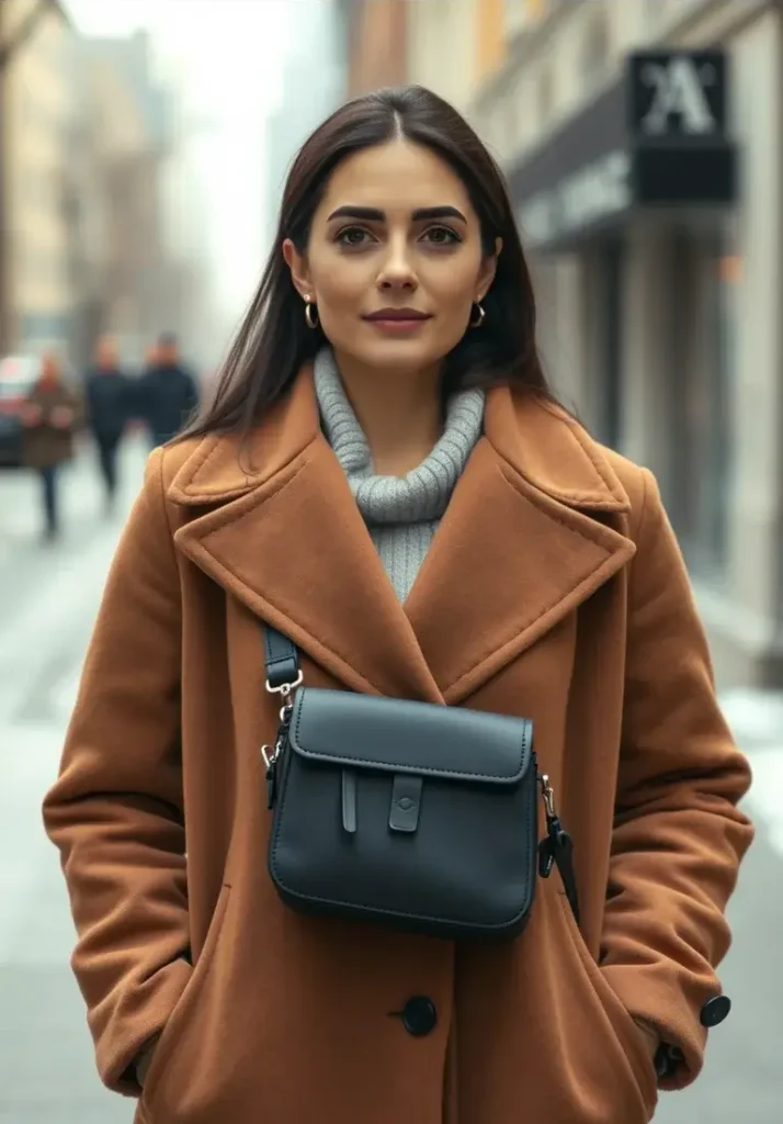Sleek crossbody bag styled with a winter coat