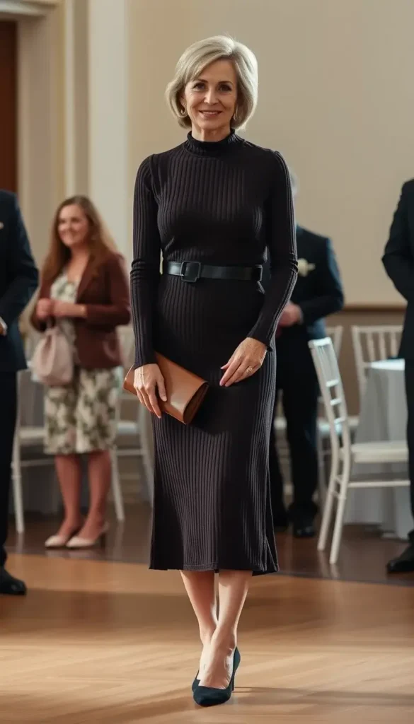  Structured knit midi dress styled for a winter wedding guest look
