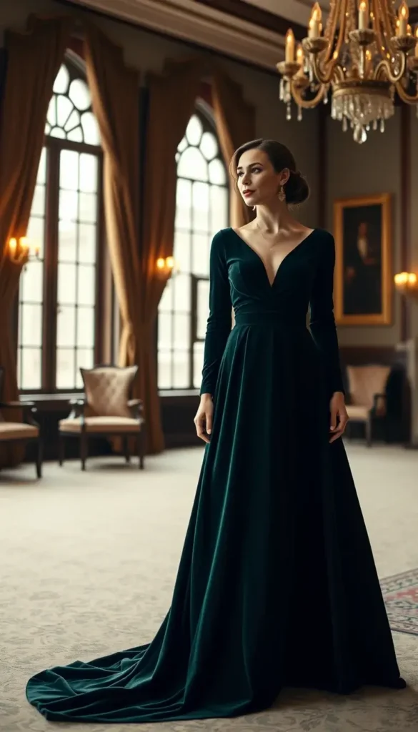  Emerald velvet long sleeve gown styled for a black tie winter wedding
