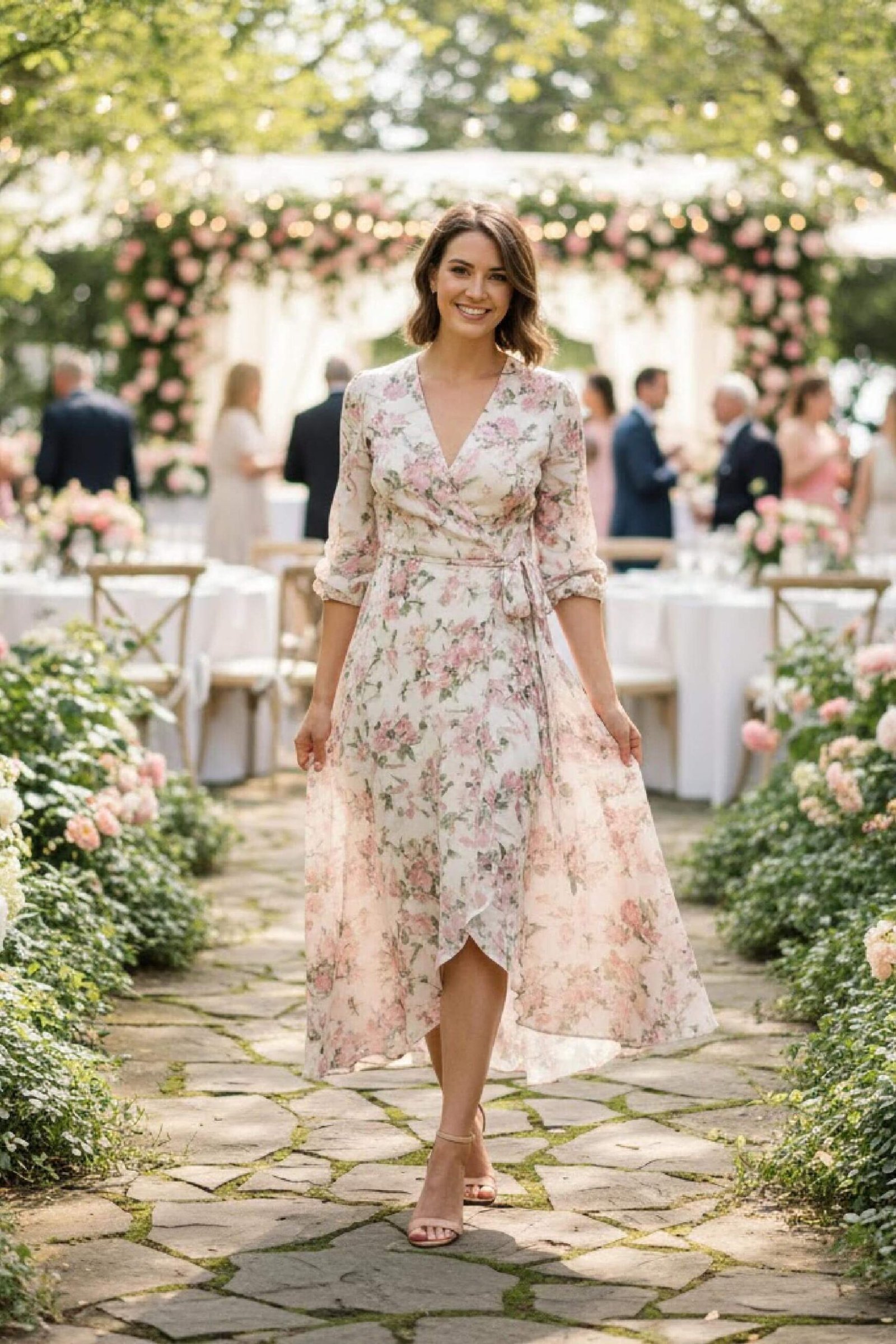  Floral wrap dress with strappy sandals at a daytime summer wedding.
