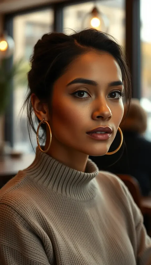 Gold hoop earrings styled with a neutral winter sweater