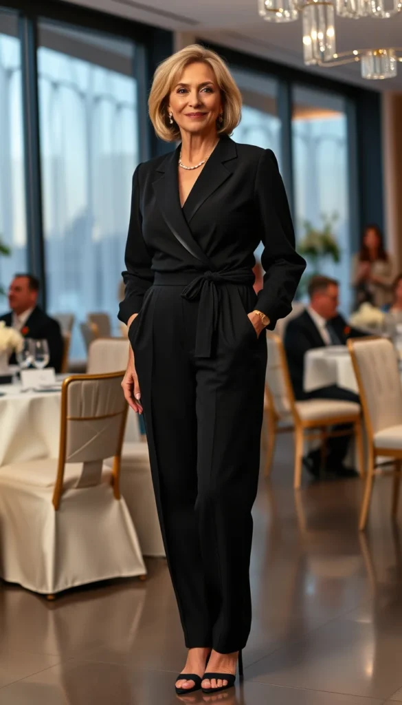  Tailored jumpsuit styled as a wedding guest outfit over 40.