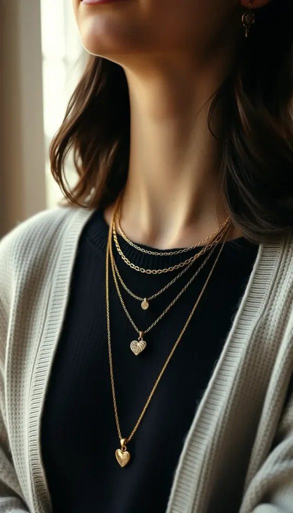 Layered necklaces worn over a winter knit sweater