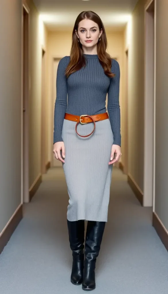 Leather belt defining the waist on a winter knit dress