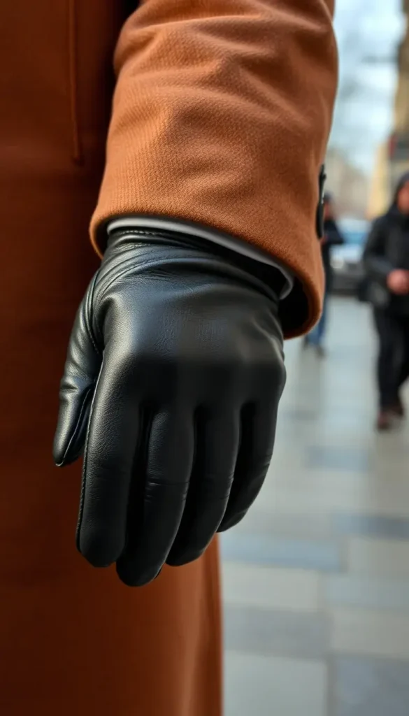 Structured leather gloves paired with a winter coat sleeve
