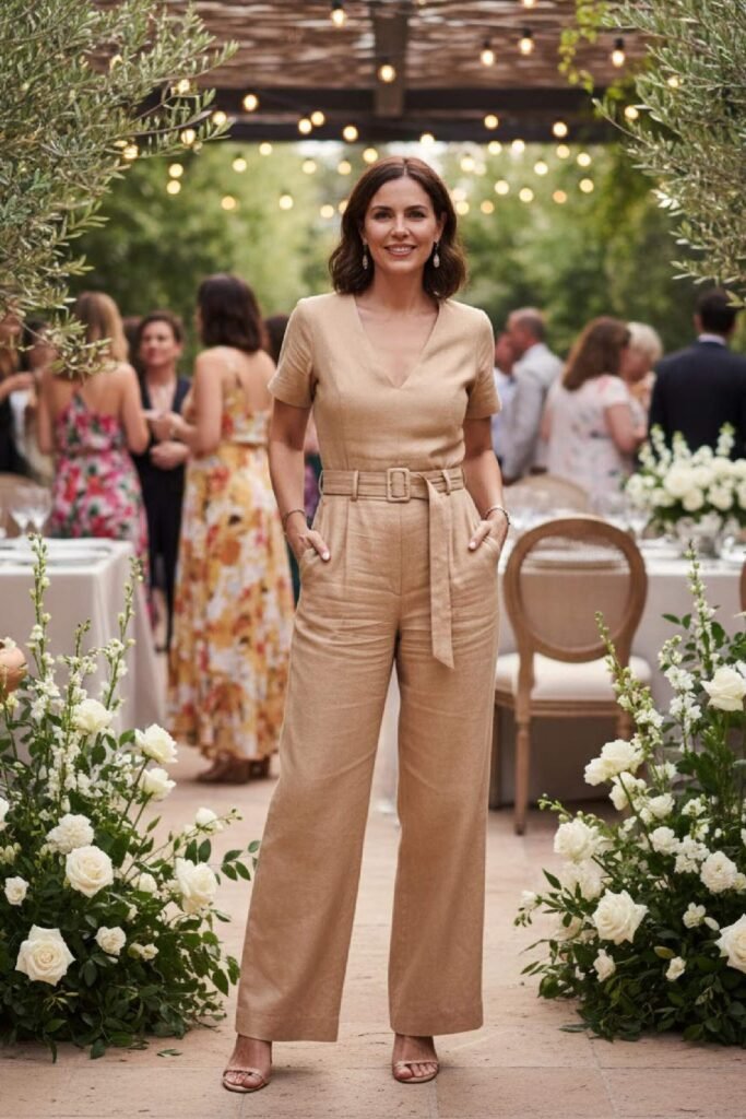  Linen jumpsuit styled with heels for a summer wedding guest outfit.

