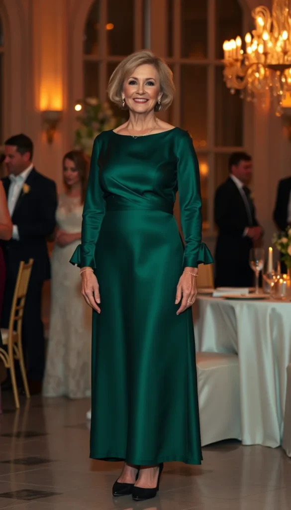 Long sleeve midi dress in a rich color styled for a wedding guest over 40.
