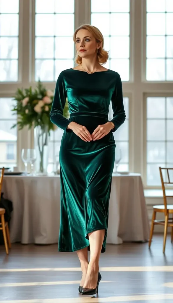 Emerald velvet long sleeve midi dress styled for a winter wedding
