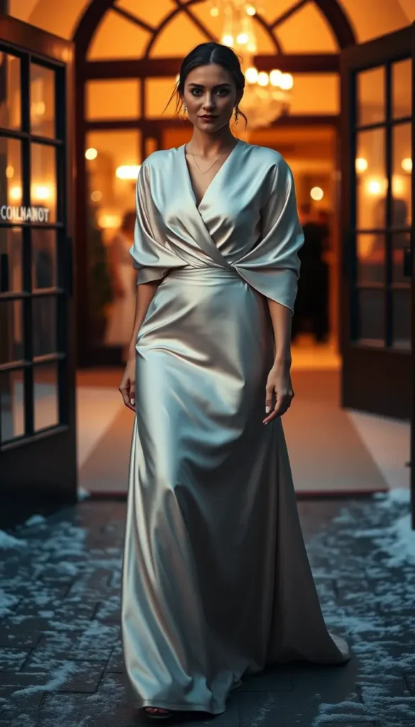 Minimal satin gown with wrap for black tie winter wedding
