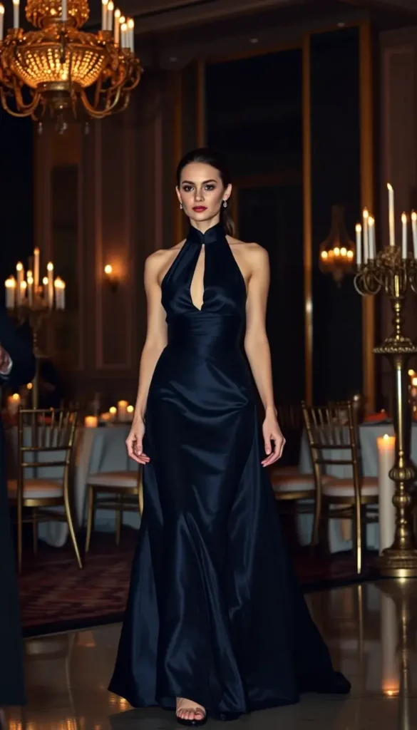Navy satin column dress with dramatic neckline for winter black tie wedding
