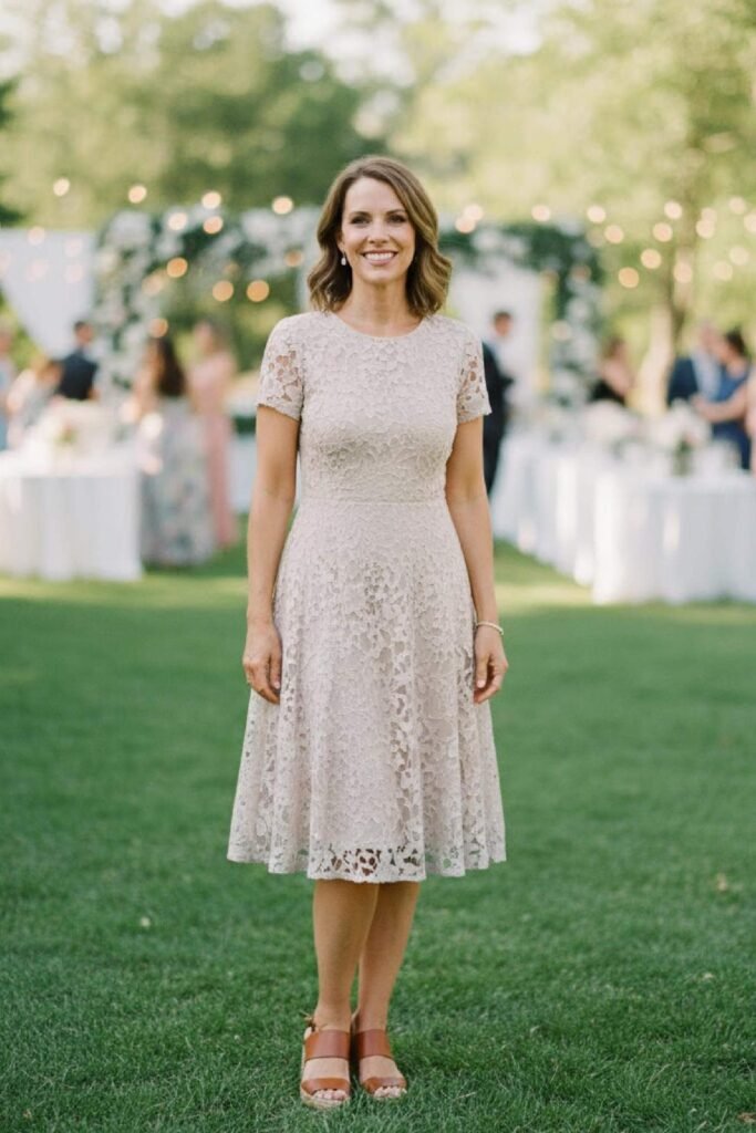  Neutral summer dress styled with comfortable heels for a wedding guest.
