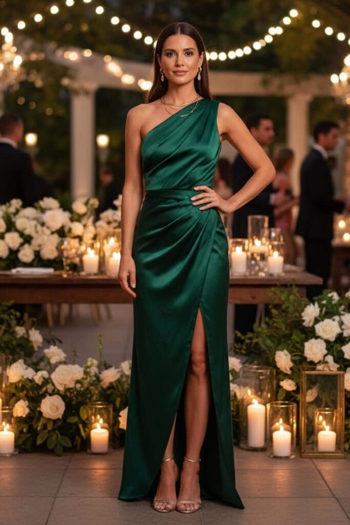 One-shoulder dress styled for an evening summer wedding.
