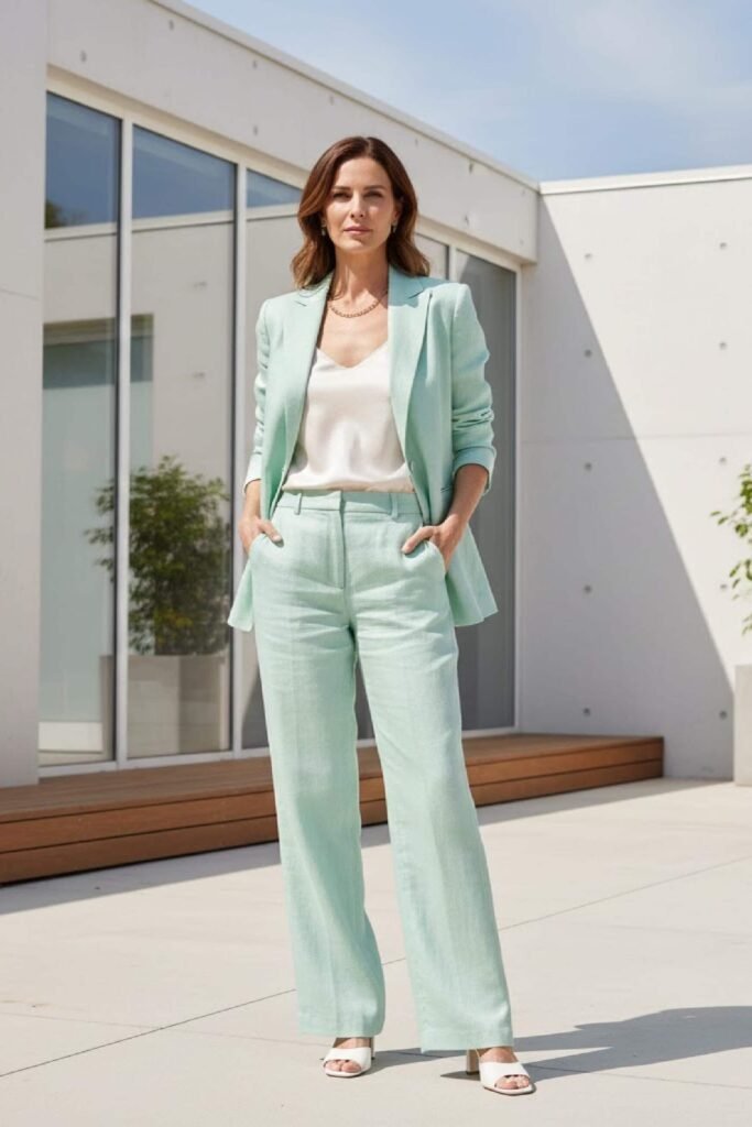 Light pastel suit styled for a modern summer wedding guest look.
