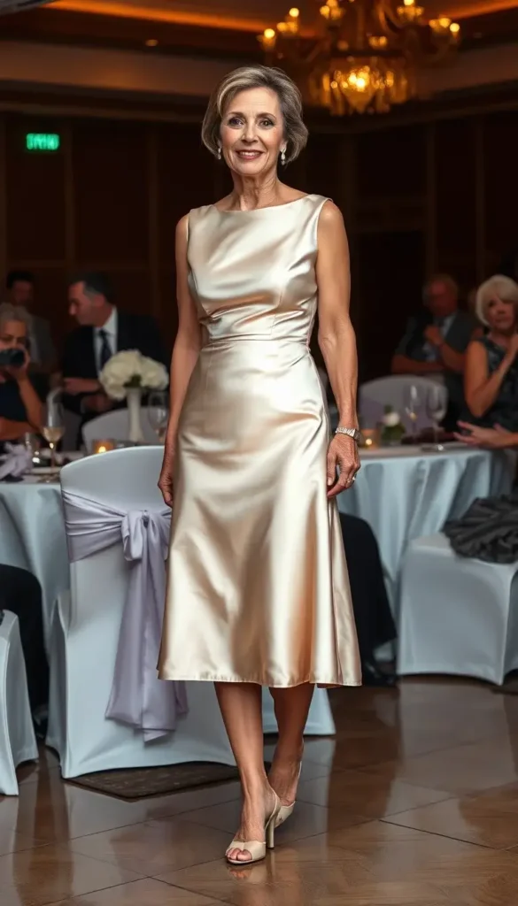 Champagne satin midi dress worn to a winter wedding
