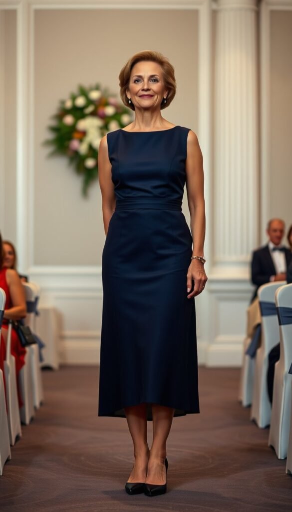 Structured midi dress styled for a wedding guest over 40.
