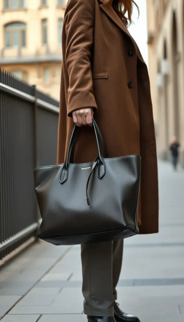 Structured leather tote styled with a winter coat