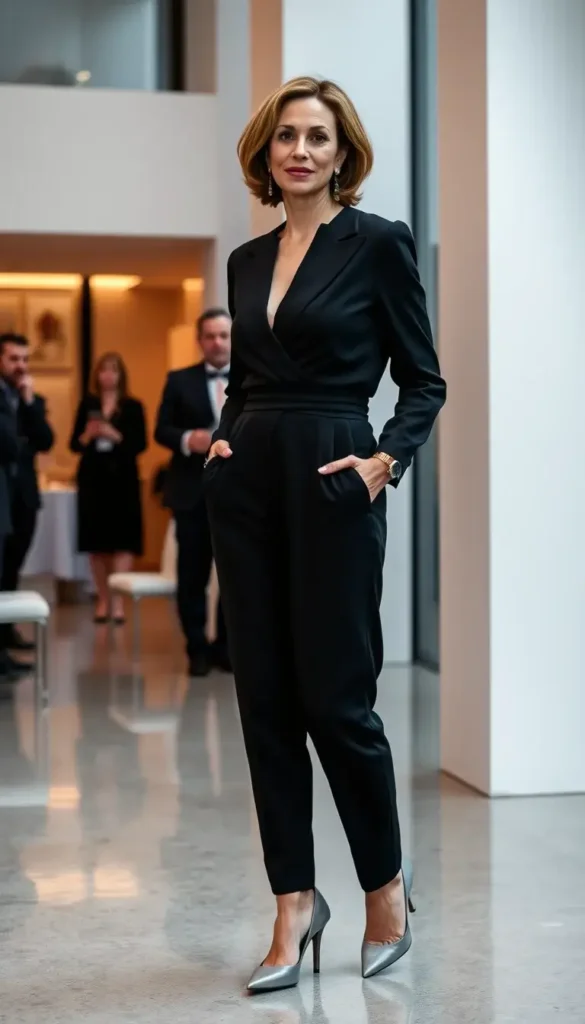 Black tailored jumpsuit worn as a winter wedding guest
