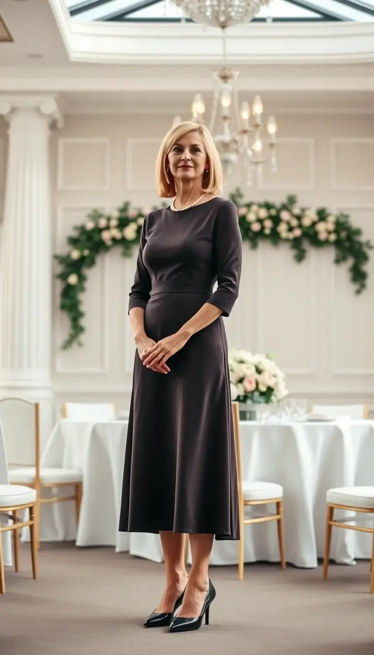 Woman over 40 wearing a polished midi dress as a wedding guest.