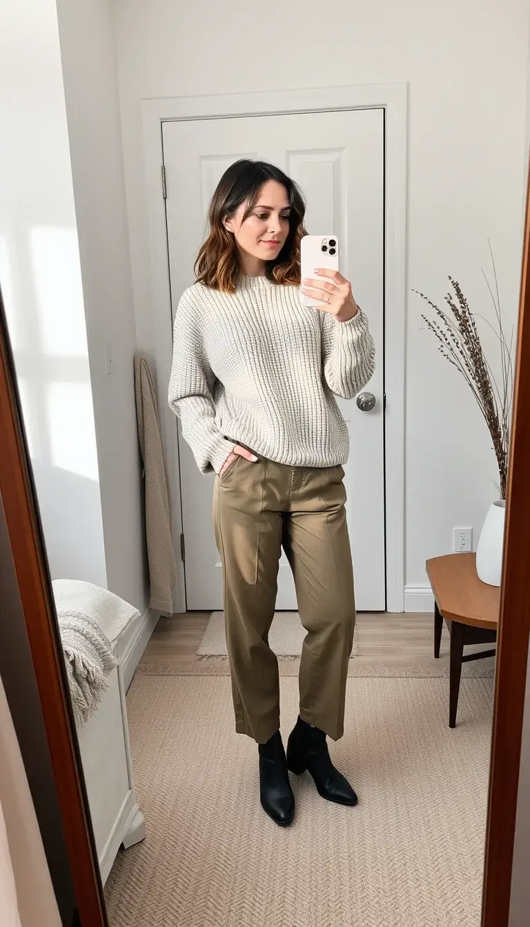 Woman taking a mirror selfie in a simple winter outfit styled with accessories
