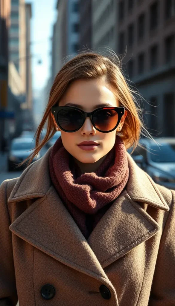 Statement sunglasses styled with a winter coat
