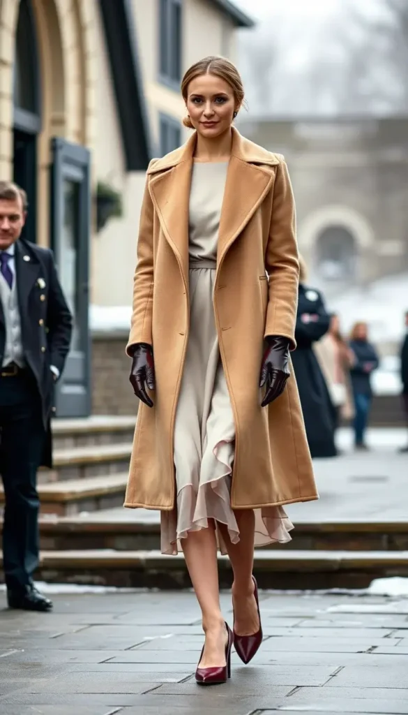 Camel wool coat layered over a winter wedding guest dress
