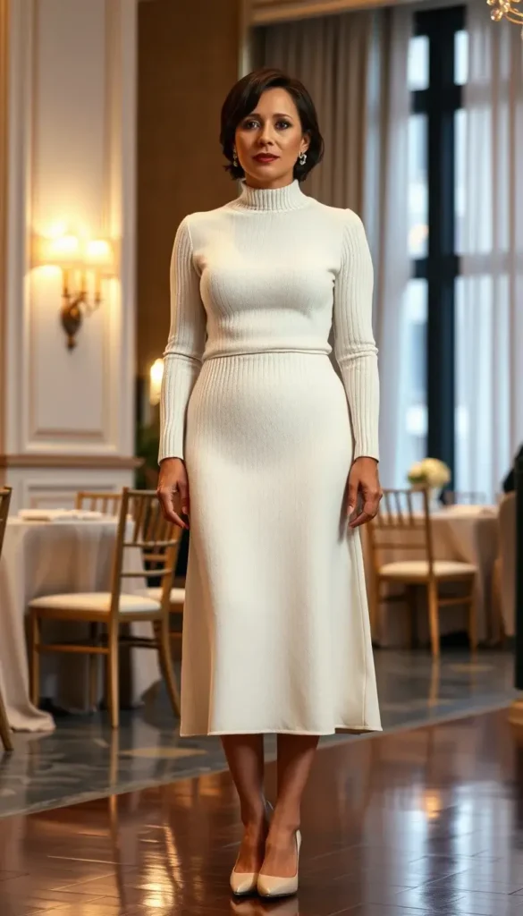 Cream knit matching set styled as a winter wedding guest outfit
