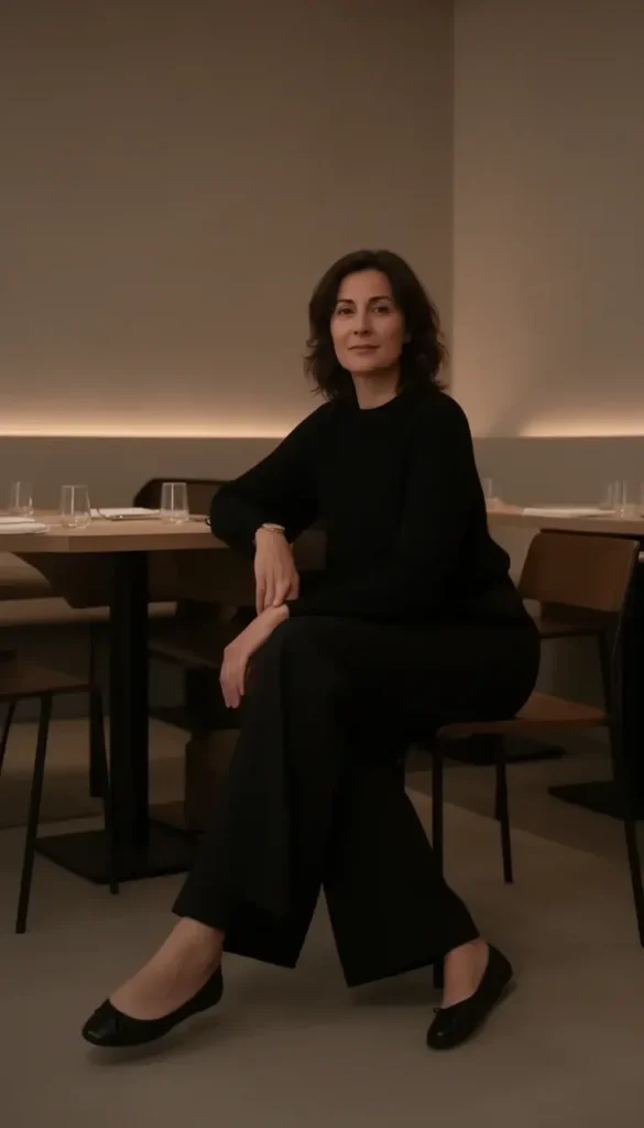Woman wearing an all black outfit seated in a softly lit restaurant.