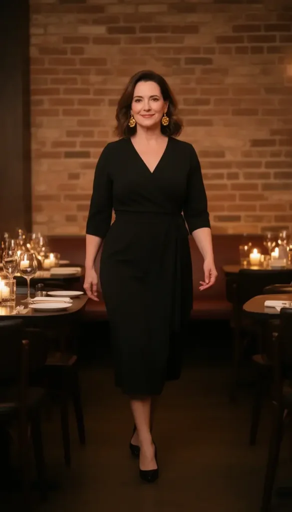 Black wrap dress styled with statement earrings for Valentine’s Day dinner