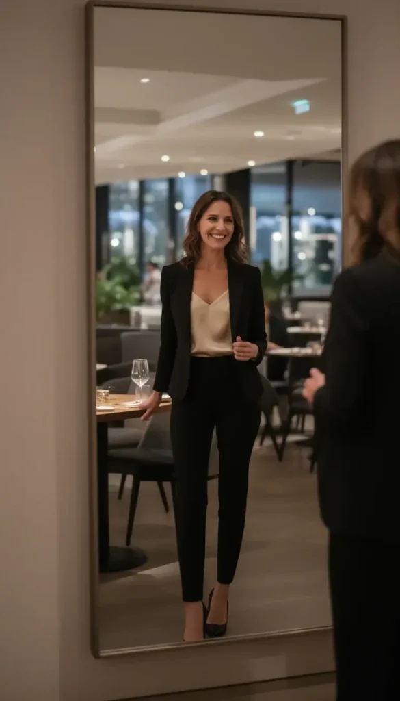 Woman wearing a blazer layered over a satin camisole on a Valentine’s date