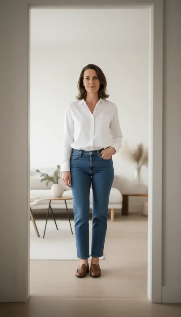 Woman wearing a white button down shirt and jeans indoors.
