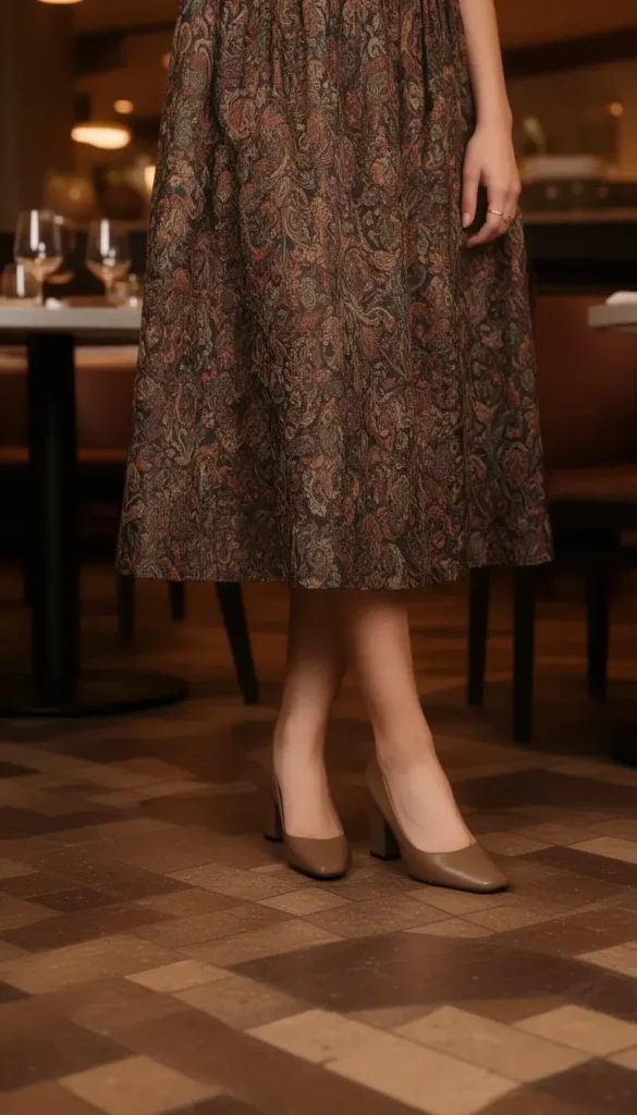 Comfortable block heel shoes worn on a Valentine’s date