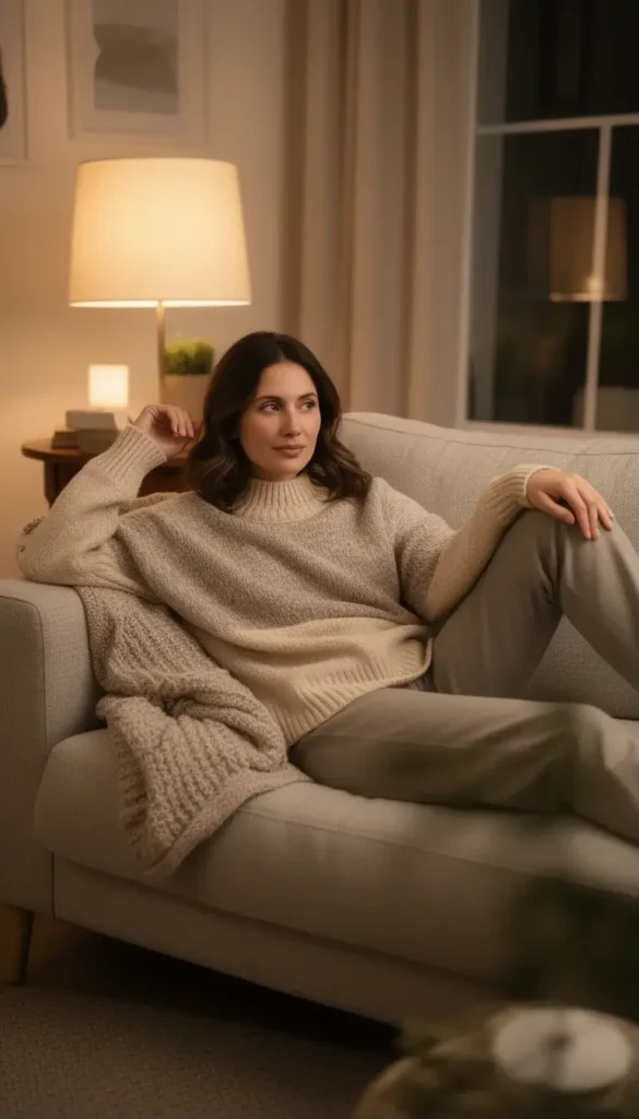 Woman wearing layered neutral knits relaxing at home.