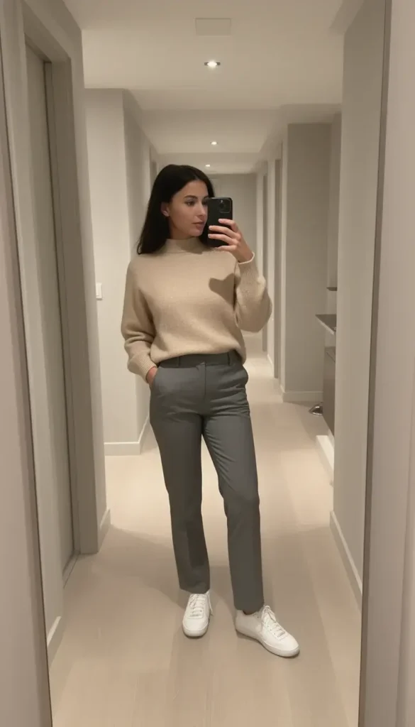 Mirror selfie of woman wearing a beige sweater and tailored trousers.
