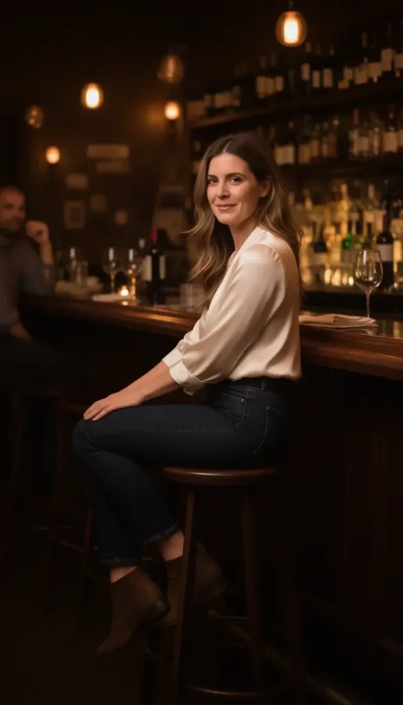 Woman wearing dark jeans and a silk blouse on a casual Valentine’s date