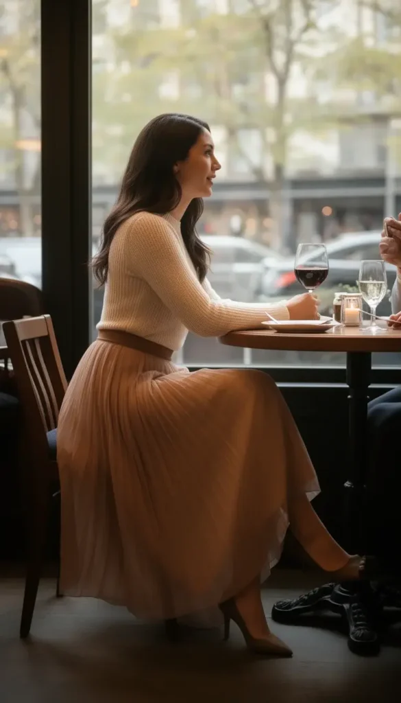 Woman wearing a midi skirt and knit top seated at a Valentine’s date
