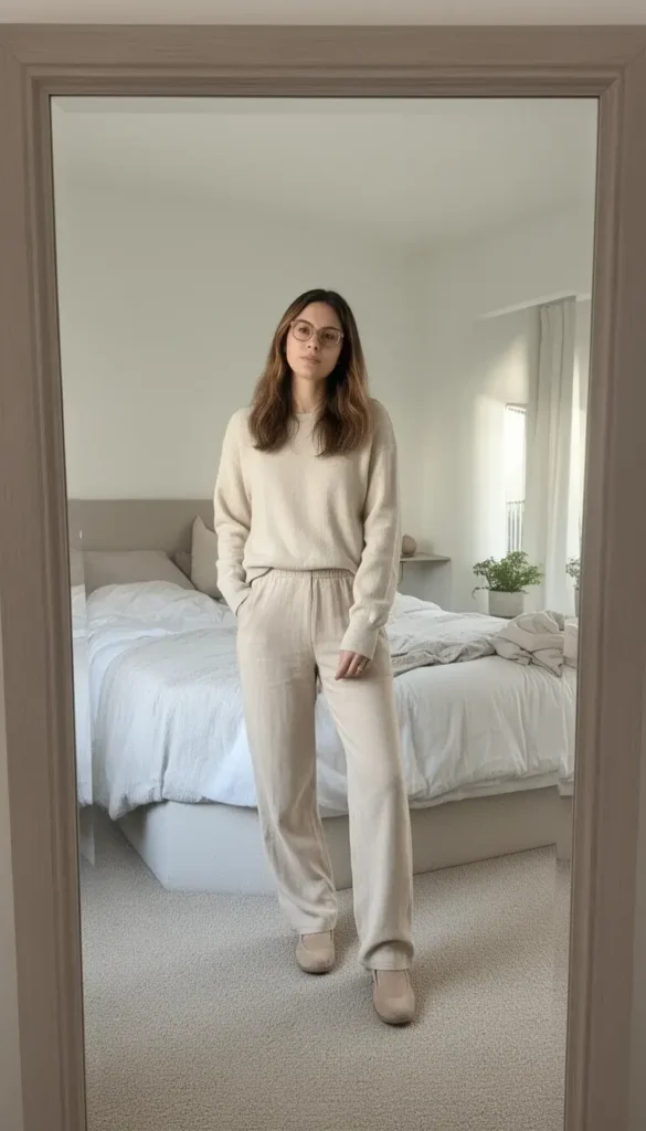 Mirror selfie of woman wearing a relaxed neutral outfit.