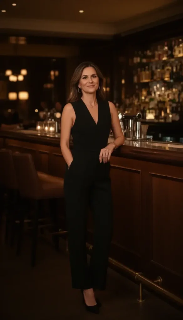 Elegant black jumpsuit styled for Valentine’s Day dinner