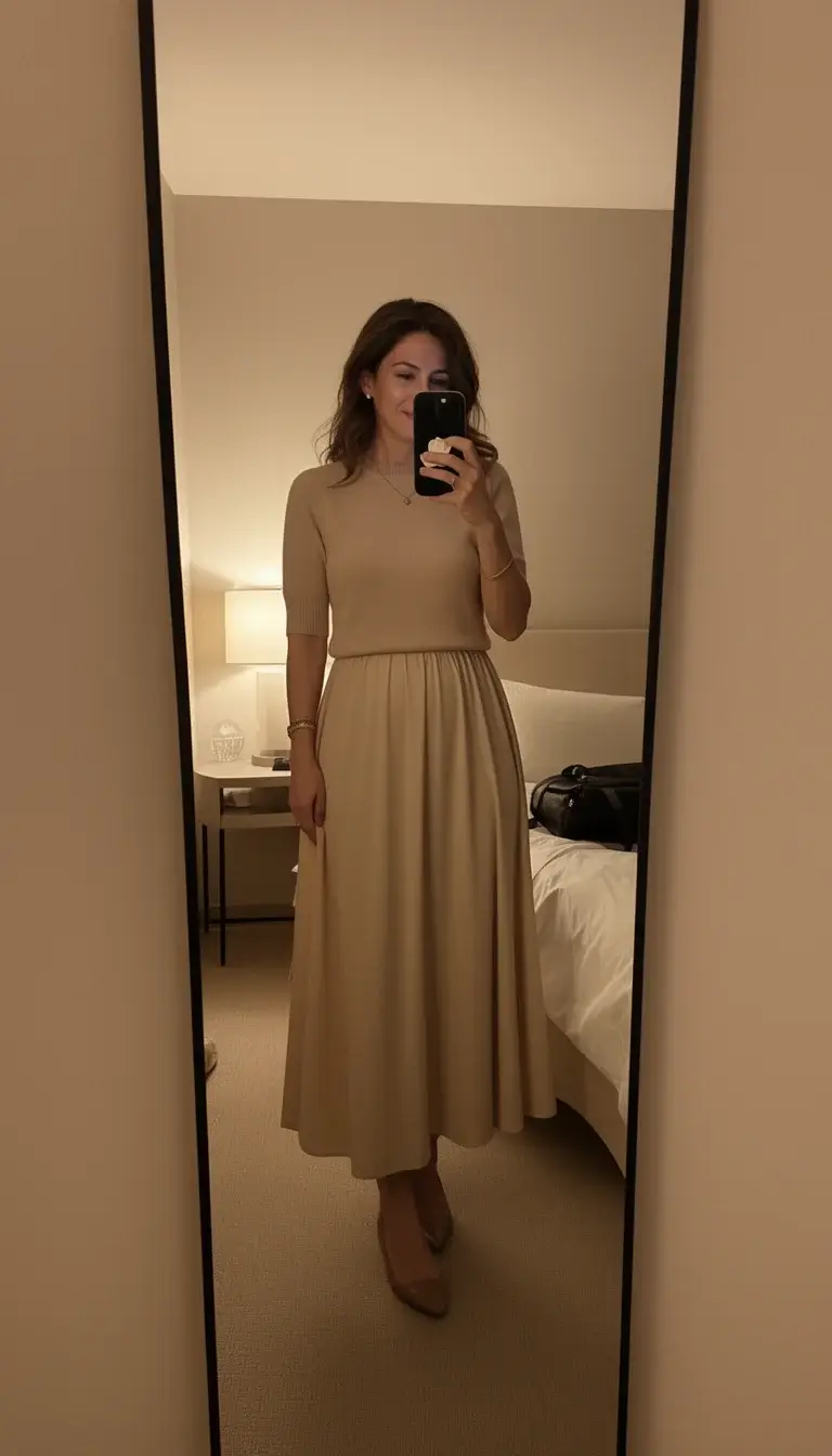 Full body mirror selfie of a woman wearing a romantic outfit for a first Valentine’s date