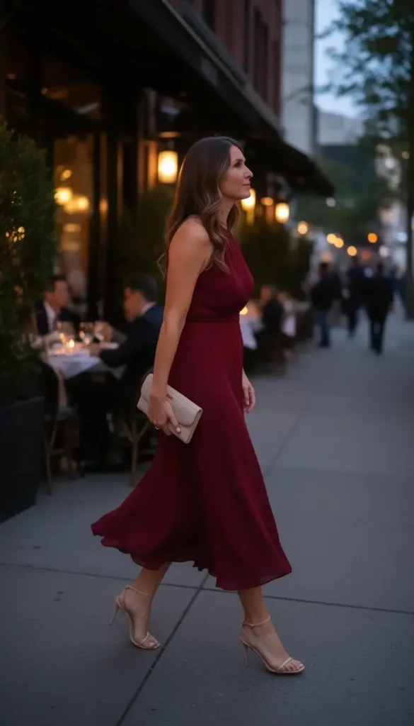 Woman wearing a flowing red midi dress walking into a Valentine’s date
