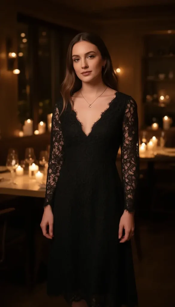 Lace dress styled for a romantic Valentine’s Day dinner