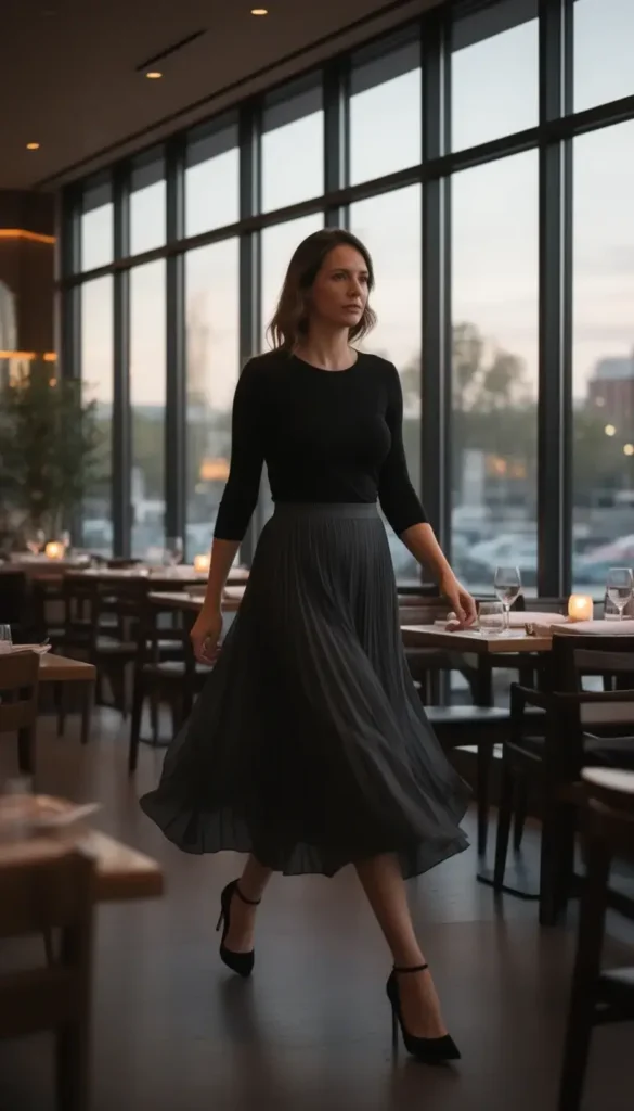 Midi skirt and fitted top styled for Valentine’s Day dinner