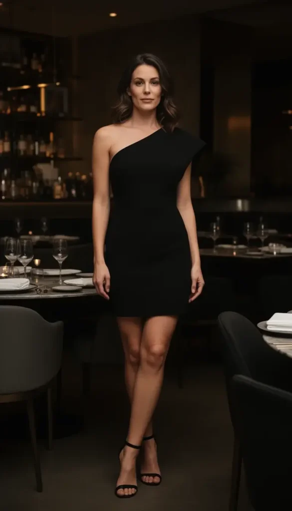 Modern little black dress styled for Valentine’s Day dinner