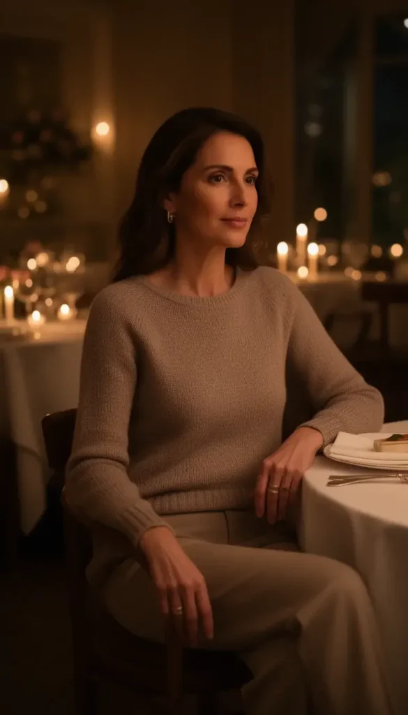 Woman wearing a monochrome neutral outfit at a Valentine’s dinner