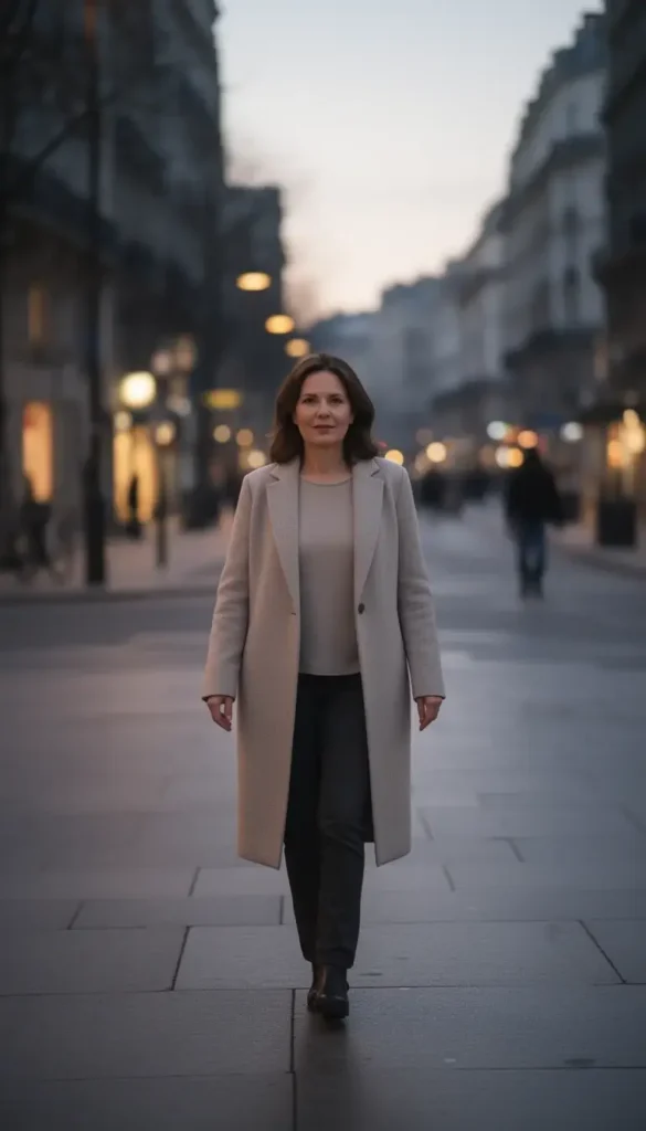 Woman wearing a neutral coat walking on a city street.