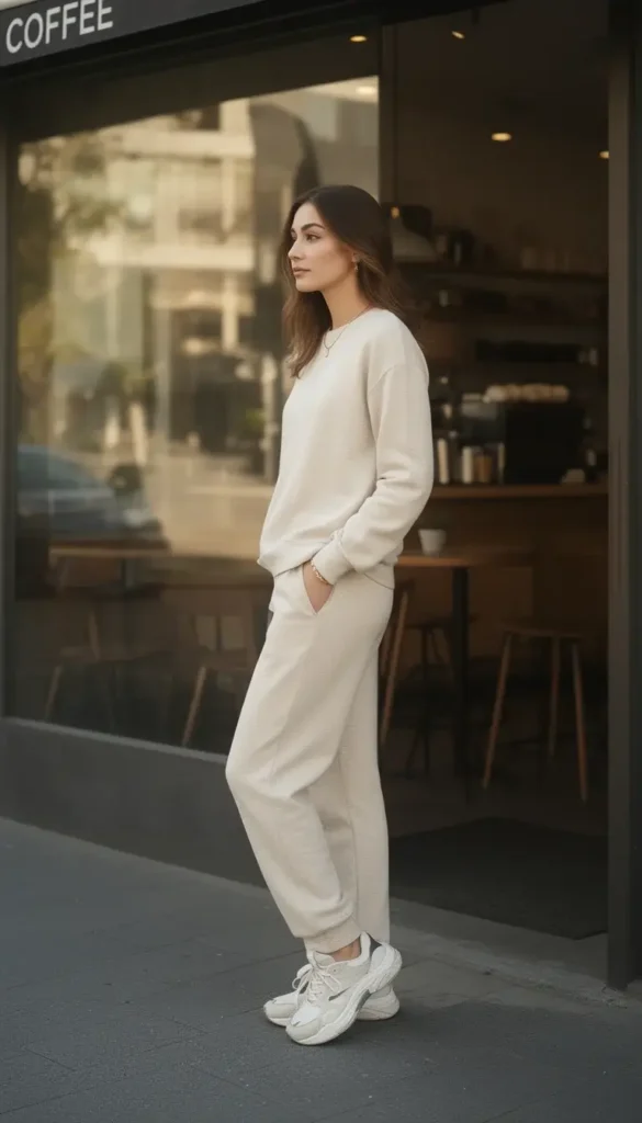 Woman wearing a neutral lounge set outside a coffee shop.