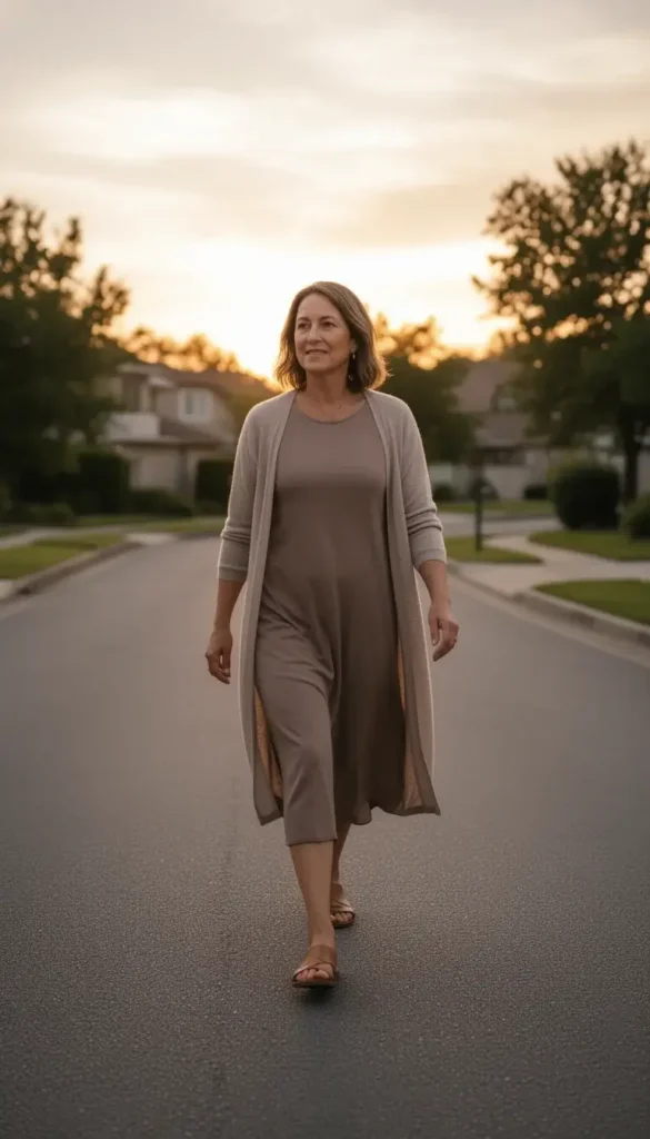 Woman wearing a neutral midi dress walking outdoors at sunset.