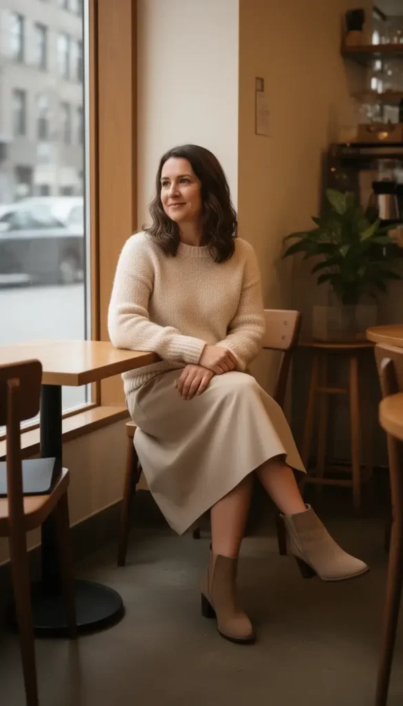 Woman wearing a neutral skirt and sweater seated in a café.
