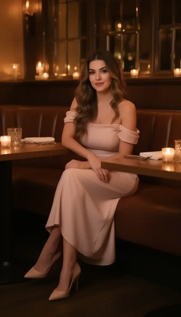 Blush off shoulder dress styled for a Valentine’s Day dinner