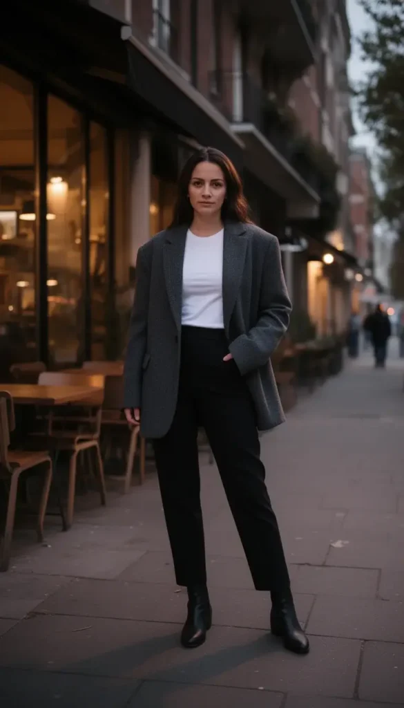 Woman wearing an oversized blazer and black trousers on a city street at dusk.